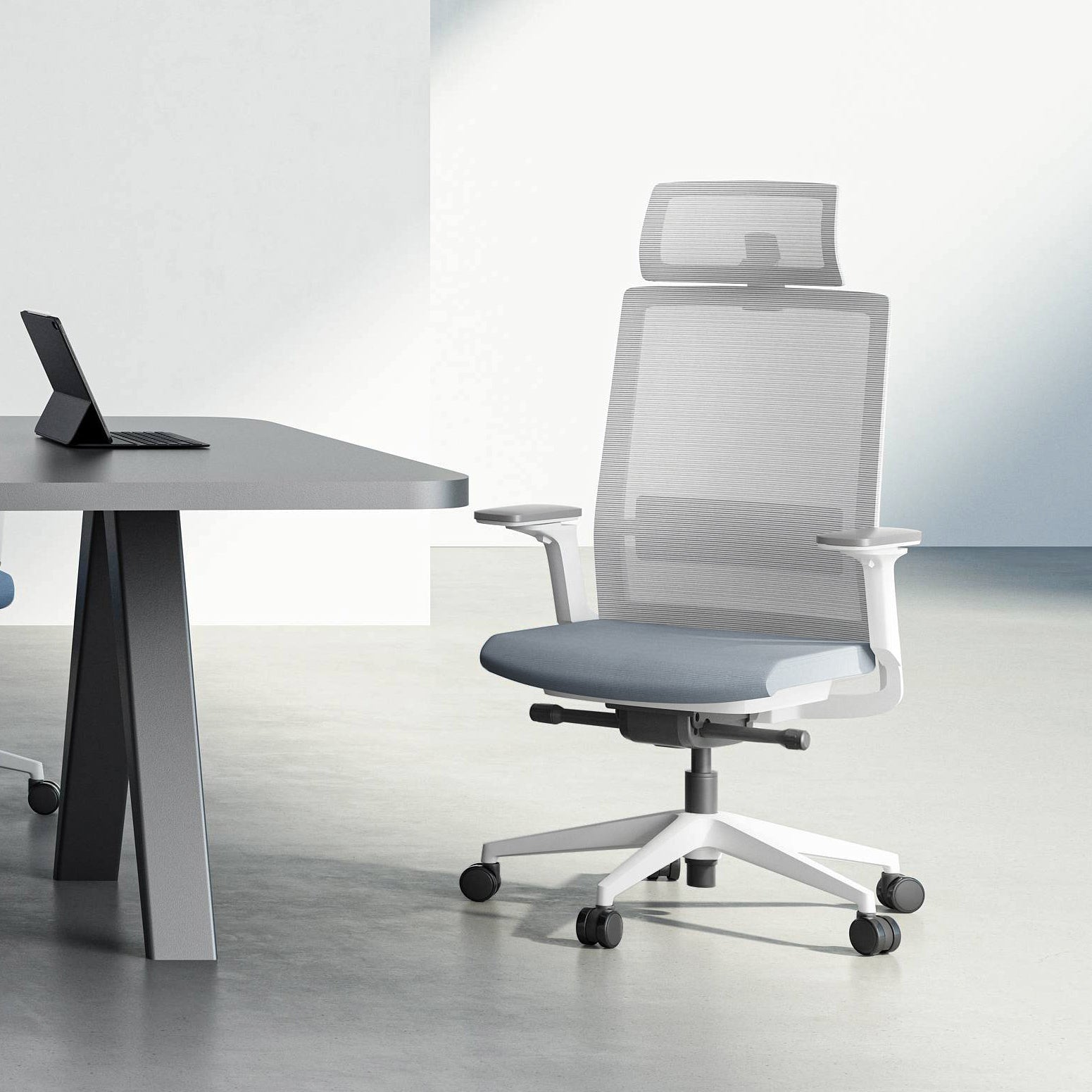 Pelicanwork ergonomic office chair with gray mesh back and blue-gray seat in modern office