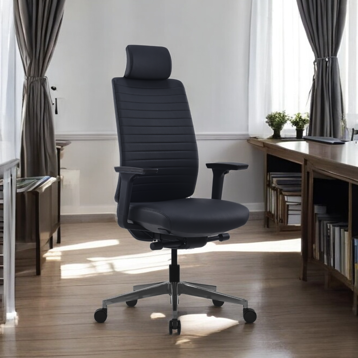 Pelicanwork black ergonomic office chair with headrest in modern workspace