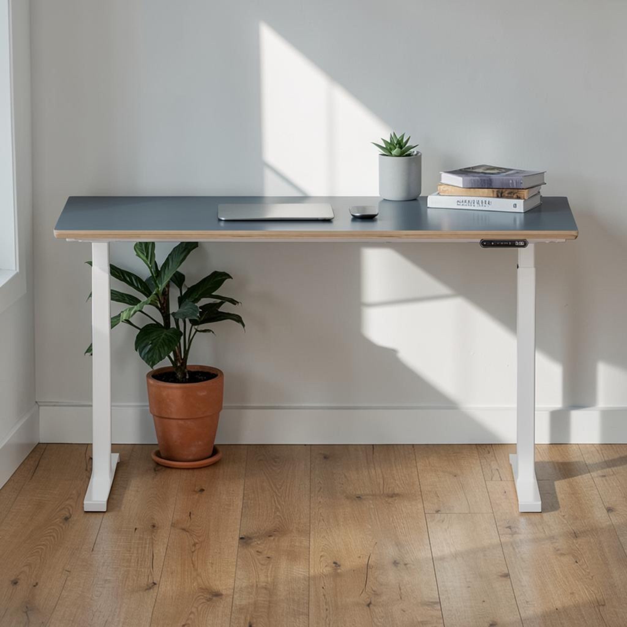 Model 301 | Height Adjustable Desk/Standing Desk (55"x27") | Yale Blue | White Legs