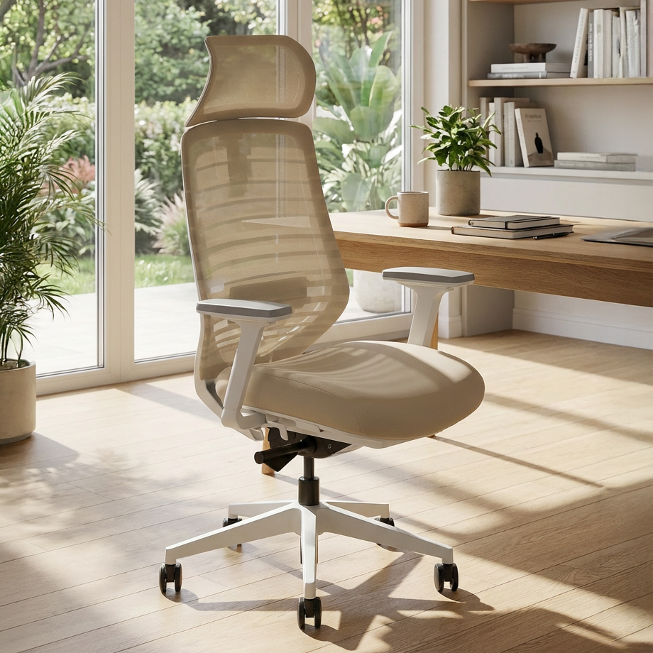 Tan ergonomic office chair with headrest in modern home office, mesh back design