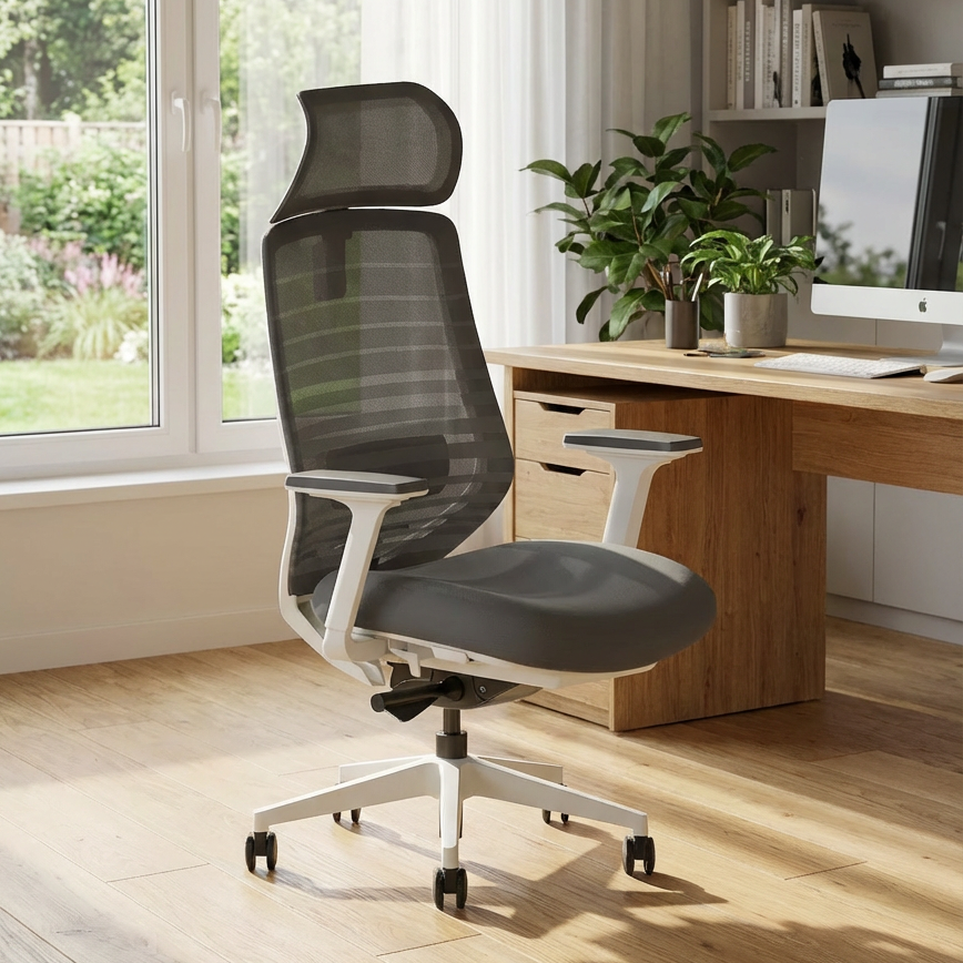 Pelicanwork Ultra ergonomic office chair in gray mesh with adjustable headrest in modern home office