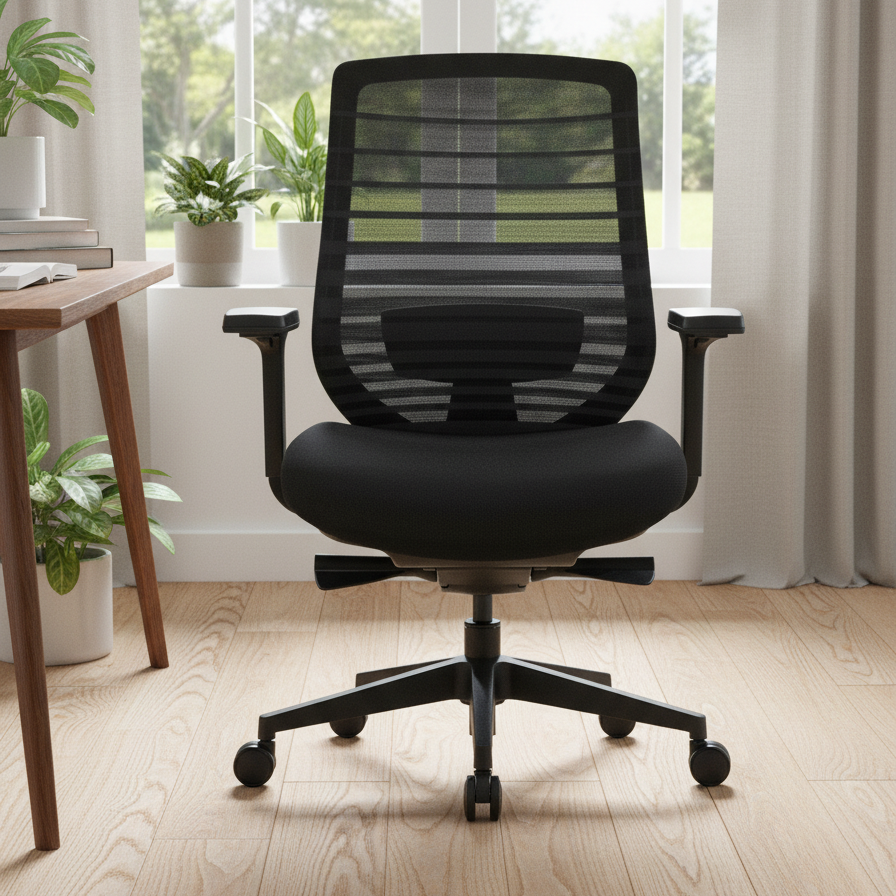 Pelicanwork Black ergonomic office chair with mesh backrest and adjustable armrests in home office