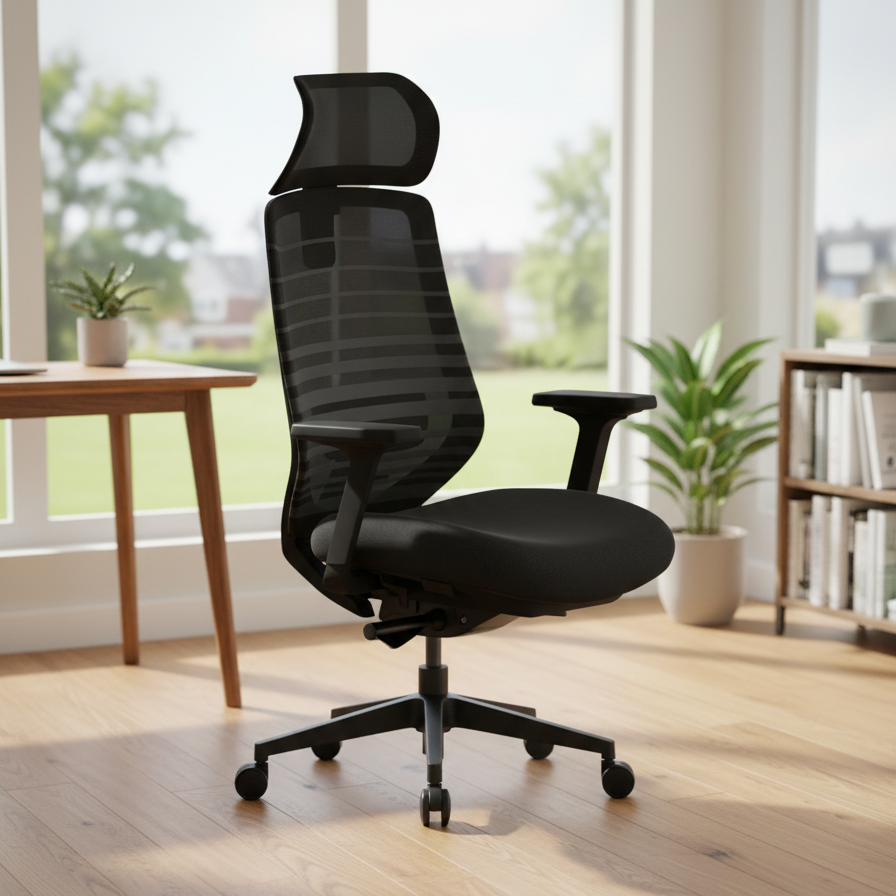 Pelicanwork Orion black ergonomic office chair with mesh backrest in modern workspace