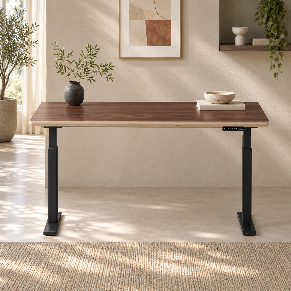 Model 301 Electric Standing Desk | Walnut Veneer | 55 x 27 in | Black Legs