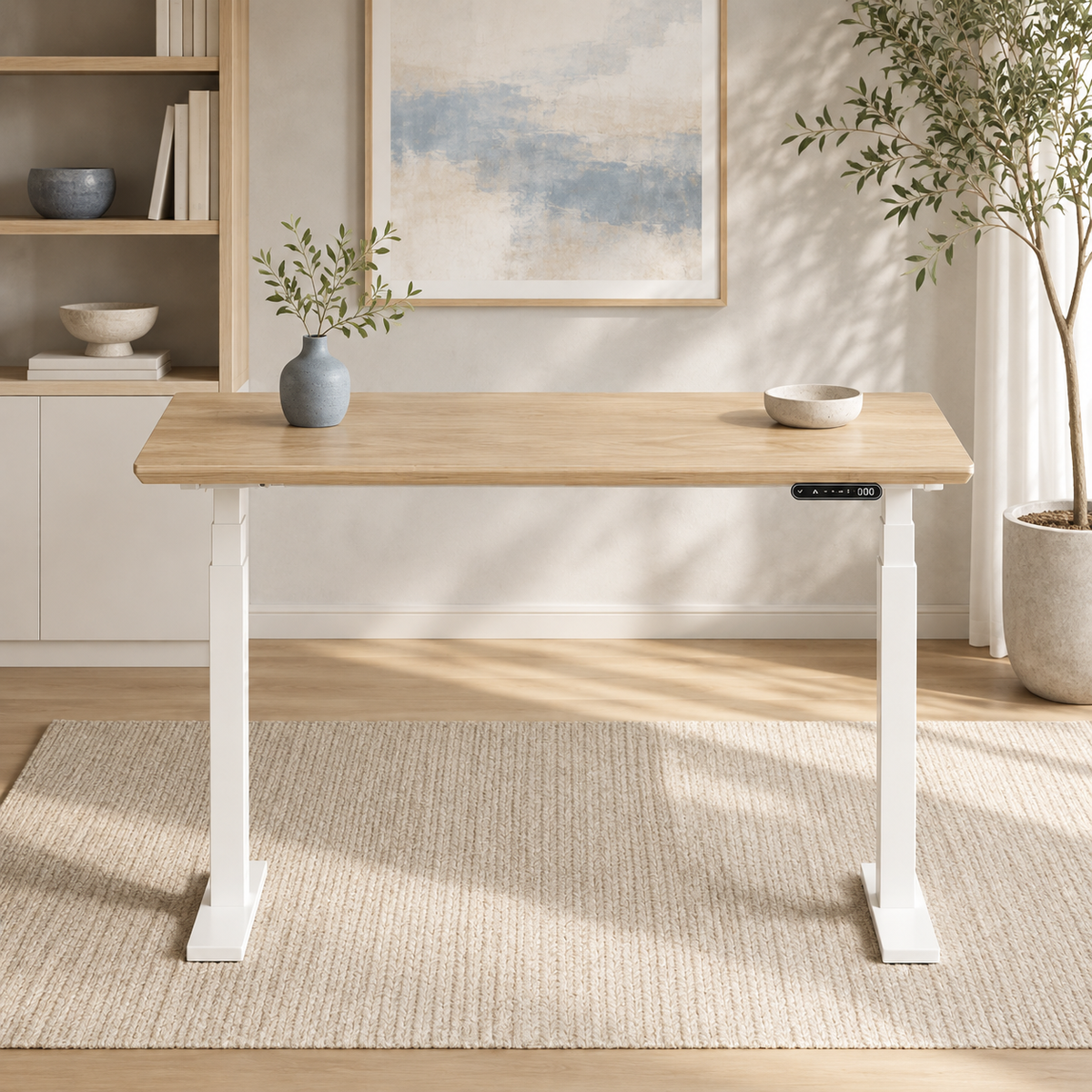 Model 301 Electric Standing Desk | Oak Veneer | 48 x 24 in | White Legs
