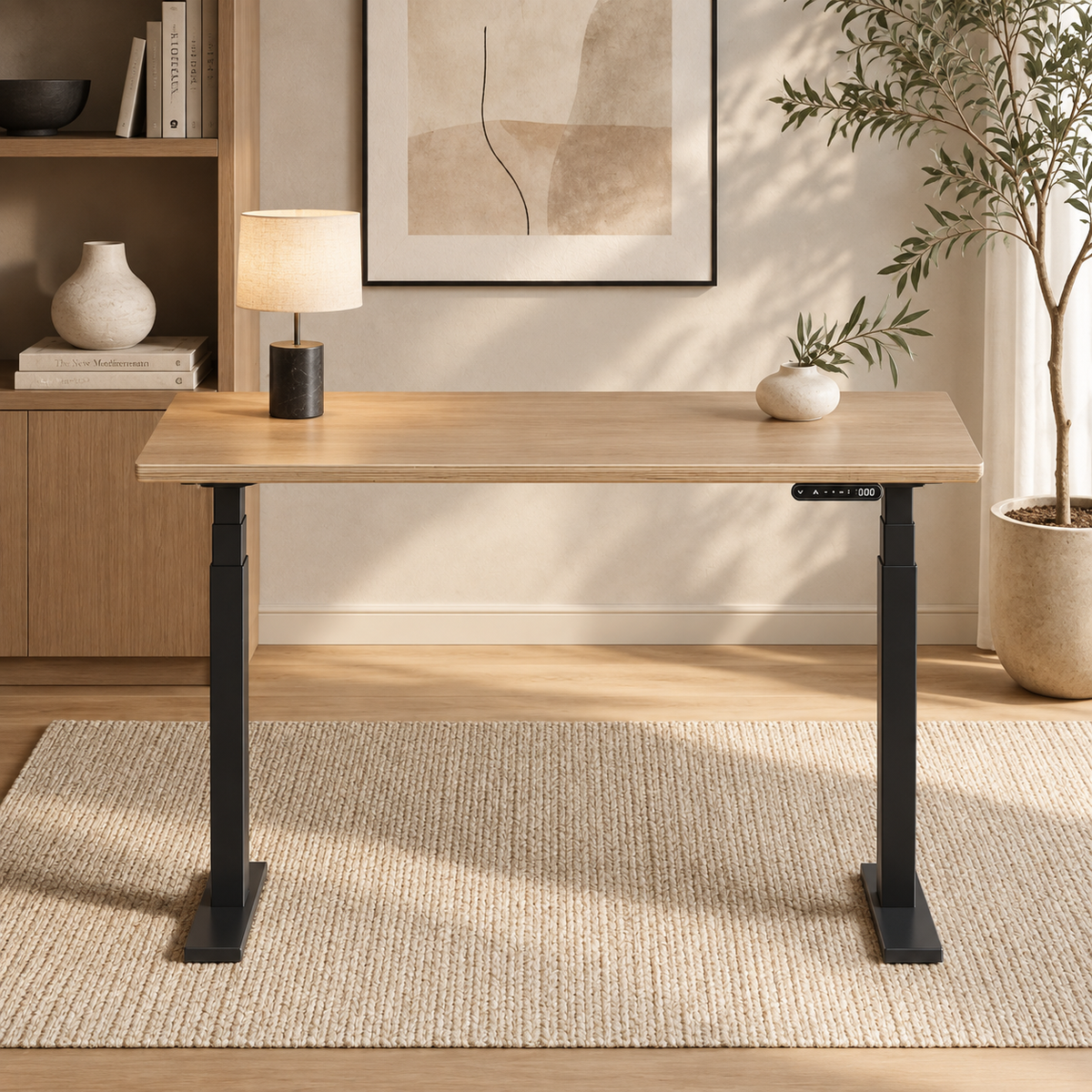 Model 301 Electric Standing Desk | Oak Veneer | 48 x 24 in | Black Legs