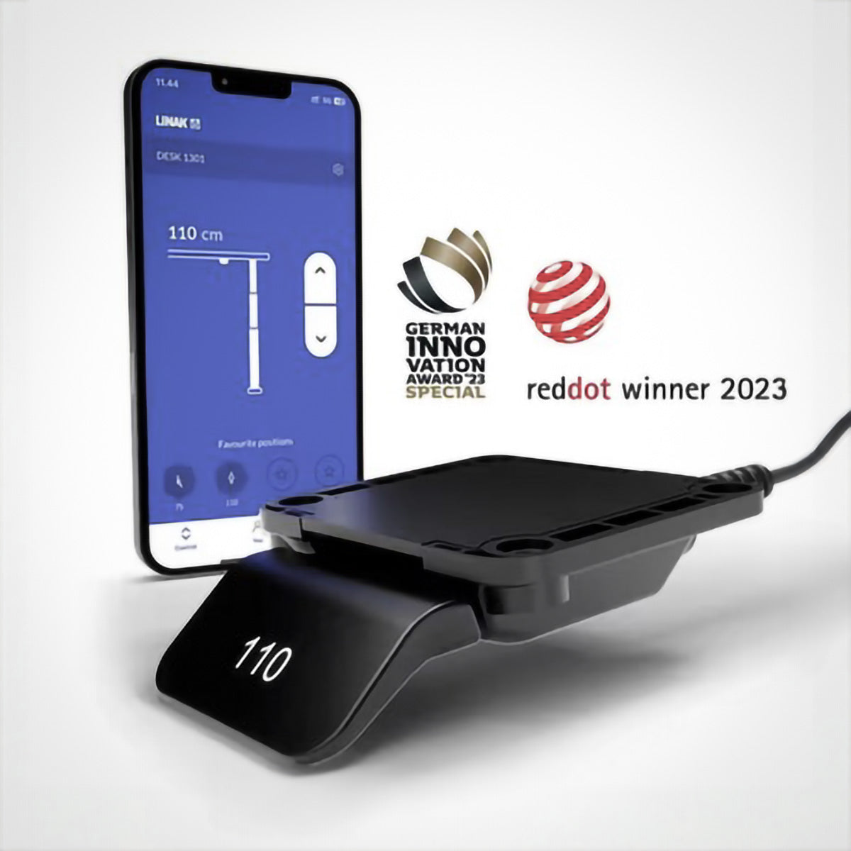 Linak DPI Desk Panel black height adjustable desk controller and mobile app with award logos