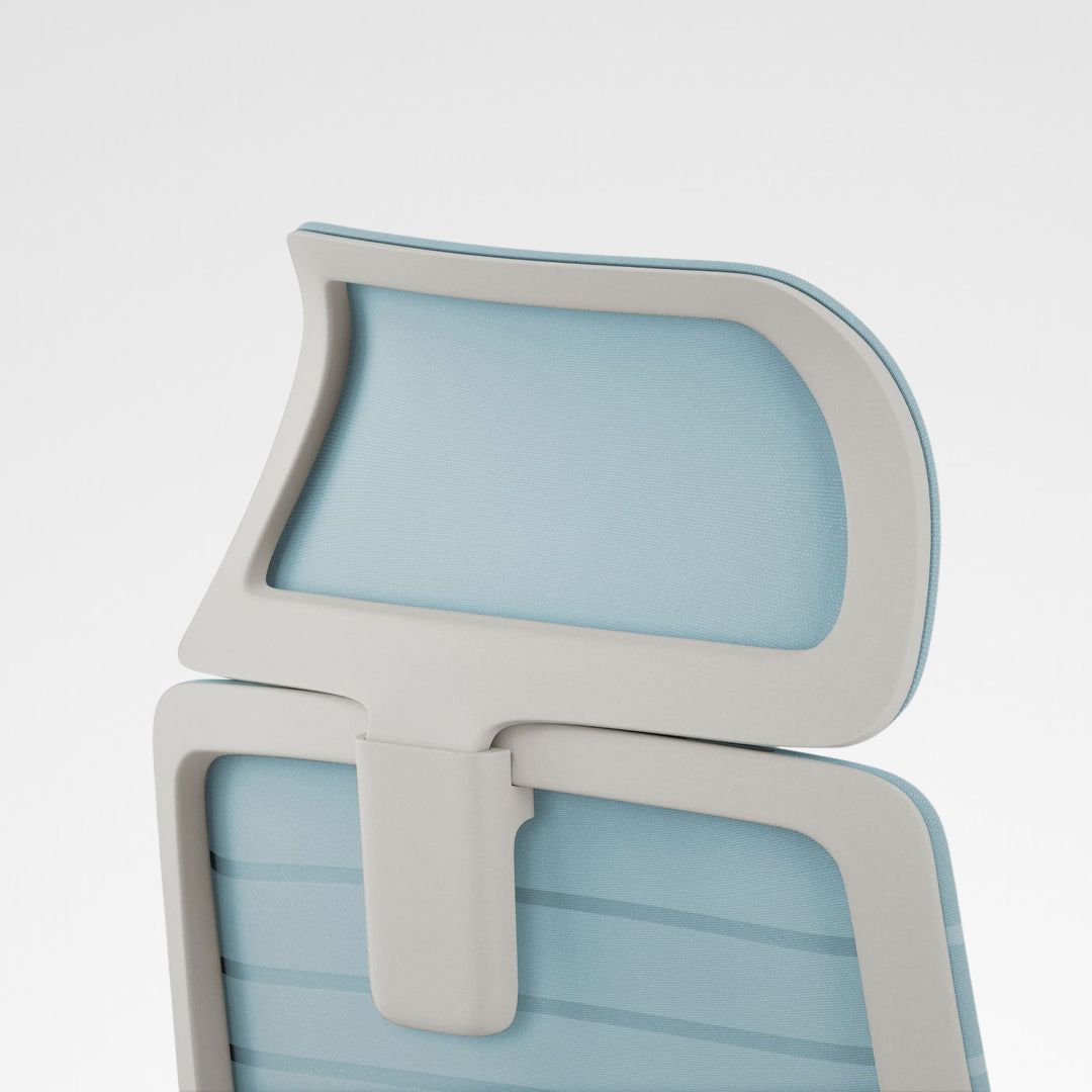 Blue ergonomic office chair headrest with modern design and mesh upholstery