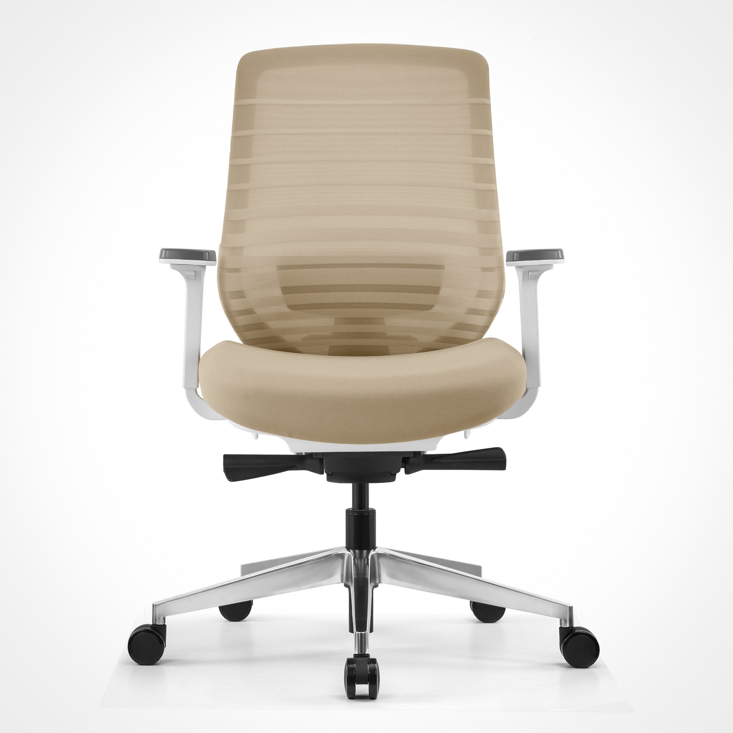 Pelicanwork Model 11 white ergonomic office chair in sand color, mesh back, adjustable arms