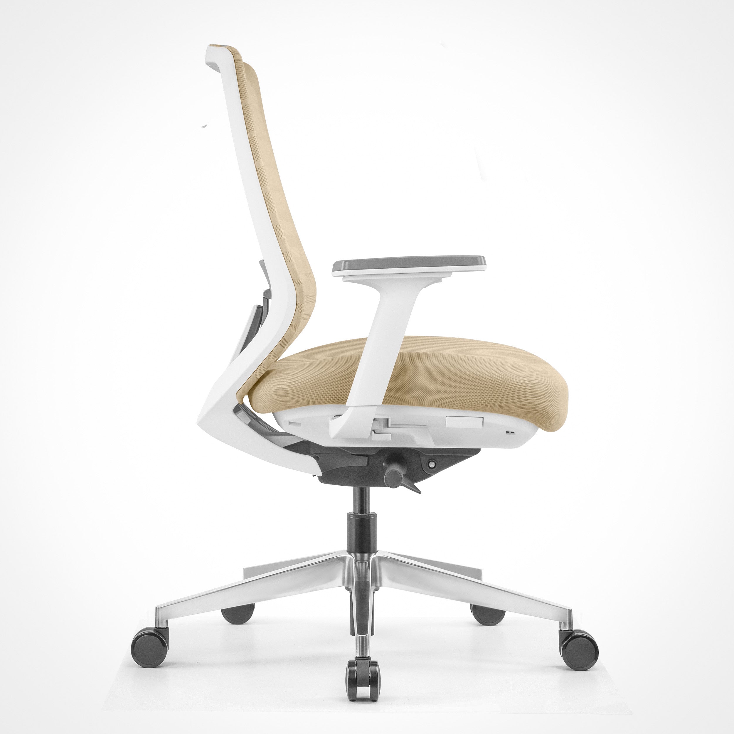 Pelicanwork Model 11 ergonomic office chair in white and beige, side view on wheels
