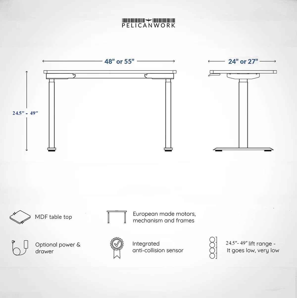 Model 301 Electric Standing Desk | Yale Blue | 48 x 24 in | White Legs