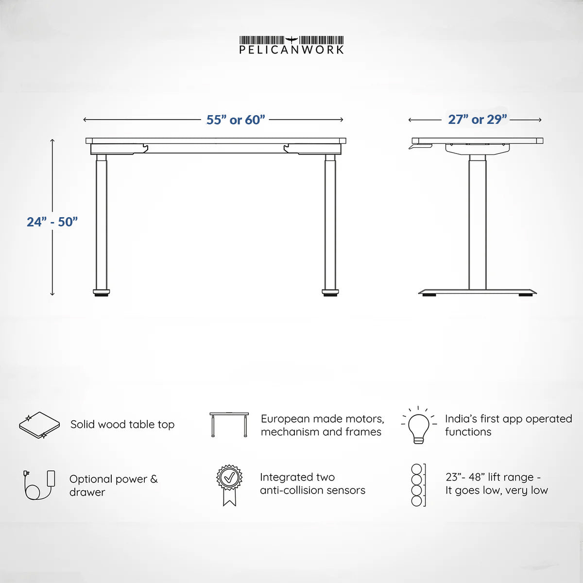 Model 304 | Solid Wood Height Adjustable Desk (60"x30") | Walnut | White Legs