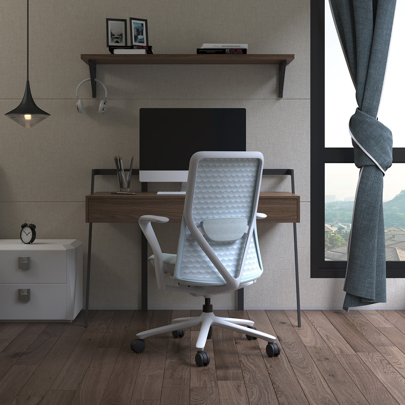 Pelicanwork Model 92 ergonomic office chair in ivory color at a modern desk setup