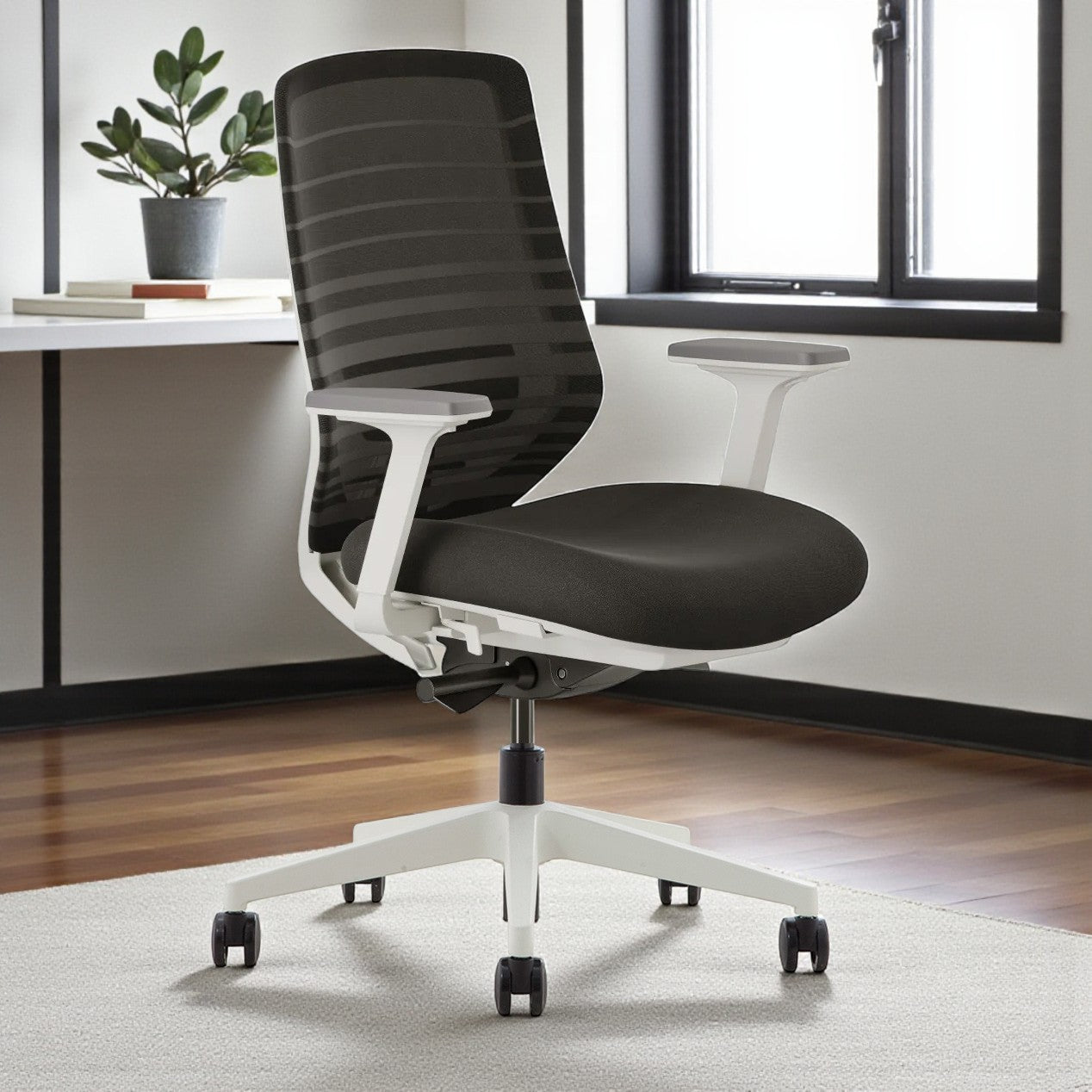 n6 black ergonomic office chair with white frame in modern office setting