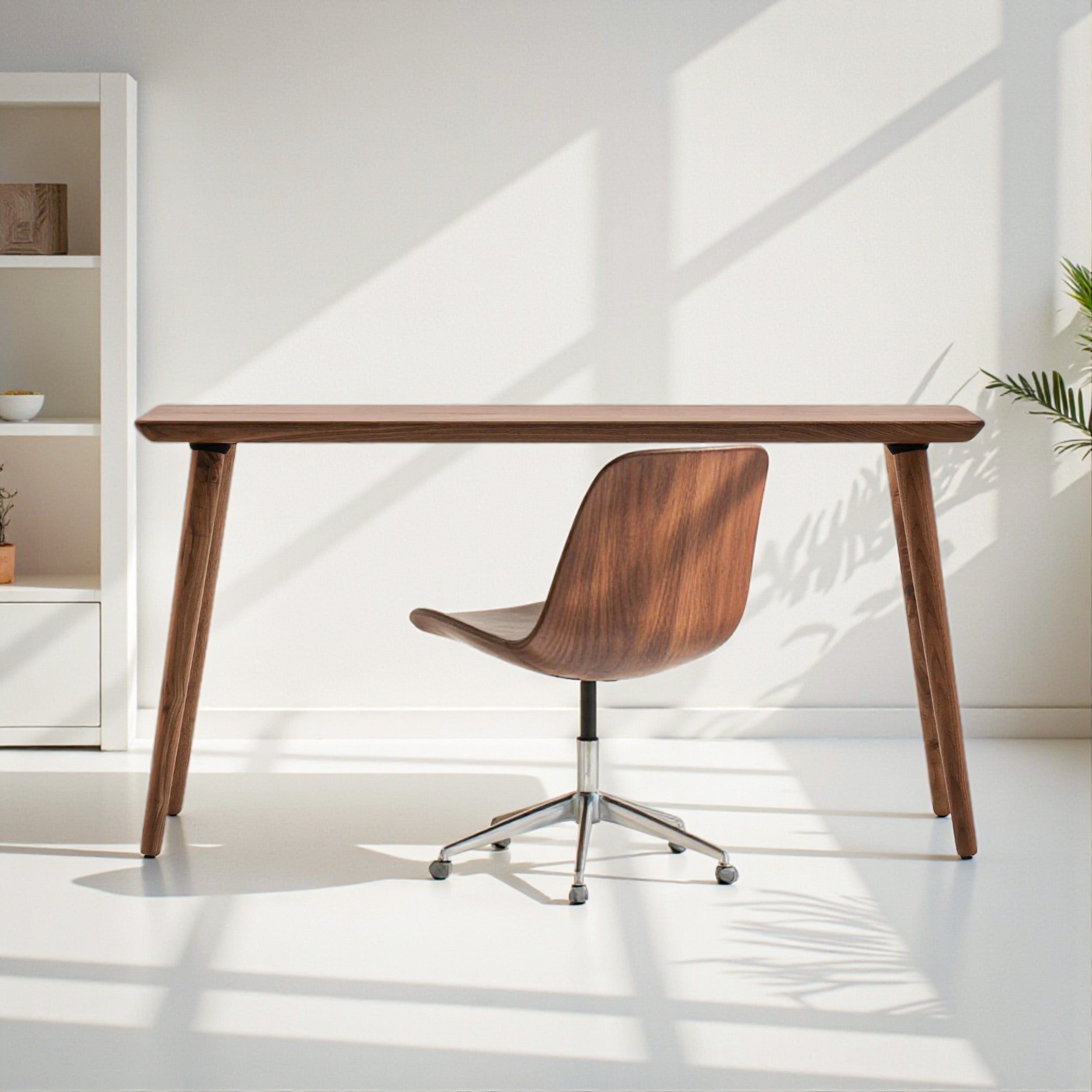 walnut ergonomic office chair and walnut desk in a minimalist home office setting