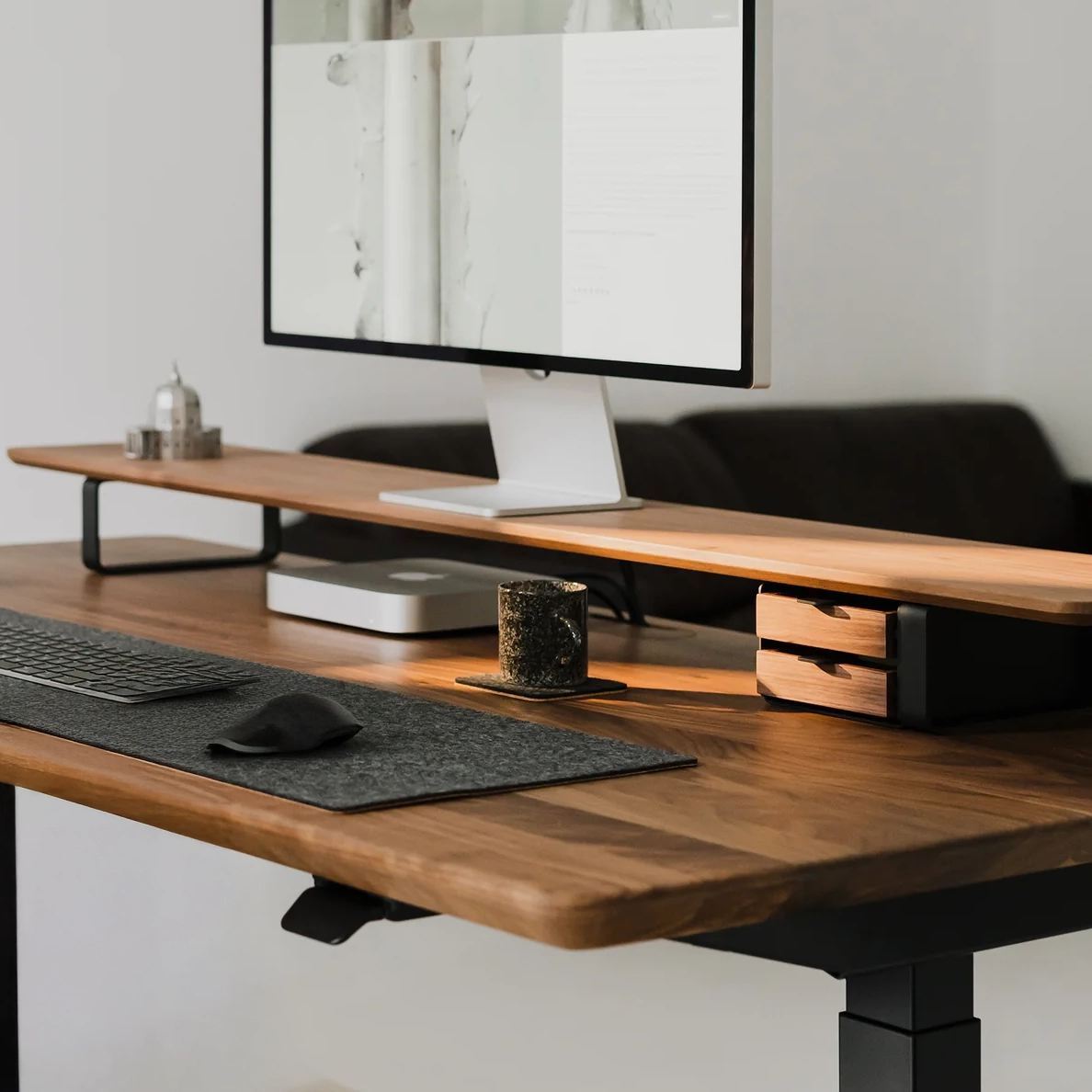 Pelicanwork Standing Desk Pro brown height adjustable desk with desktop shelf and accessories