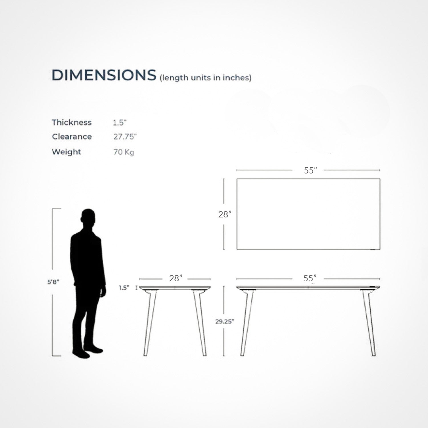 Takeshi Pro Dimension office desk dimensions, showing measurements and silhouette reference