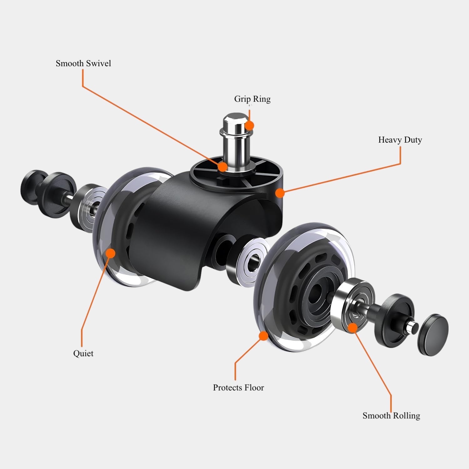 Ergonomic office chair caster wheel black, showing smooth swivel, heavy duty, floor protection features.