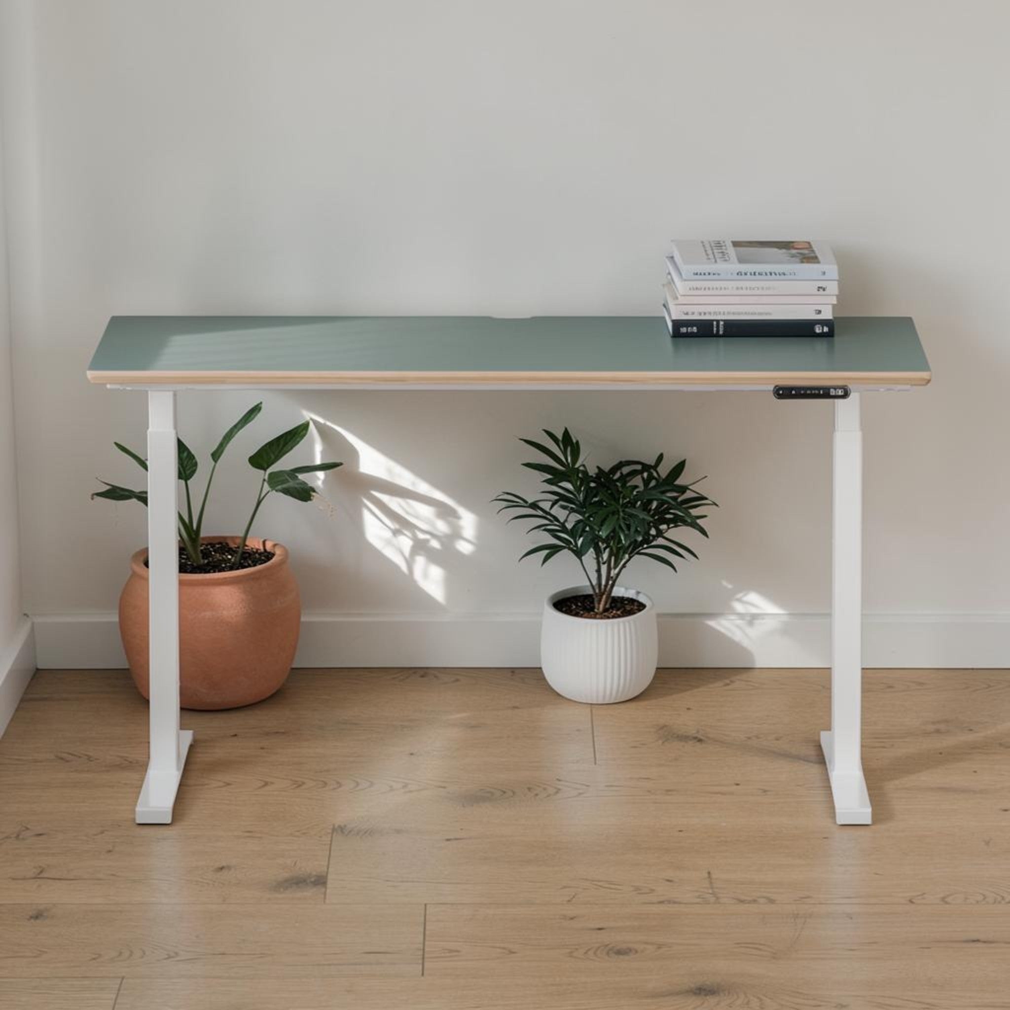 Model 301 | Height Adjustable Desk/Standing Desk (55"x27") | Moss Green | White Legs