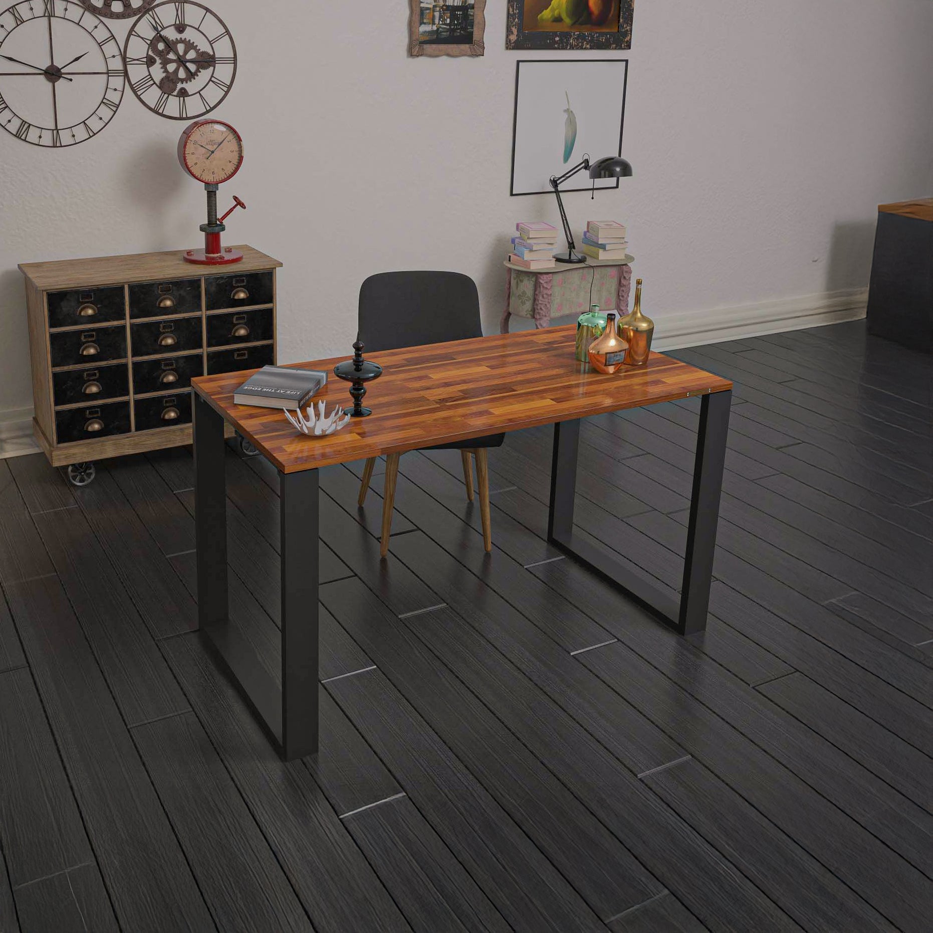 Model 102 Desk - Solid Teak Wood Black Legs (4x2 Feet)