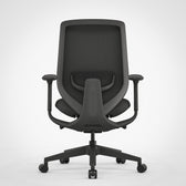 Black ergonomic office chair with mesh backrest, adjustable armrests and wheels
