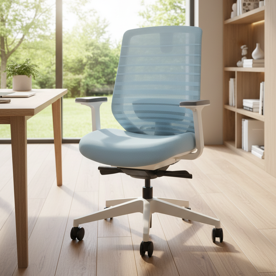 Pelicanwork Sky Blue ergonomic office chair with mesh backrest in modern workspace