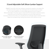 Model 15 ergonomic office chair with black mesh, showing adjustable soft silicon lumbar support