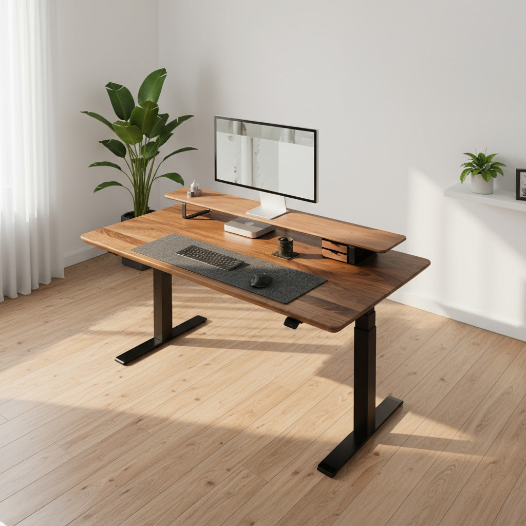 Model 304 | Solid Wood Height Adjustable Desk (55"x28") | Walnut | Black Legs