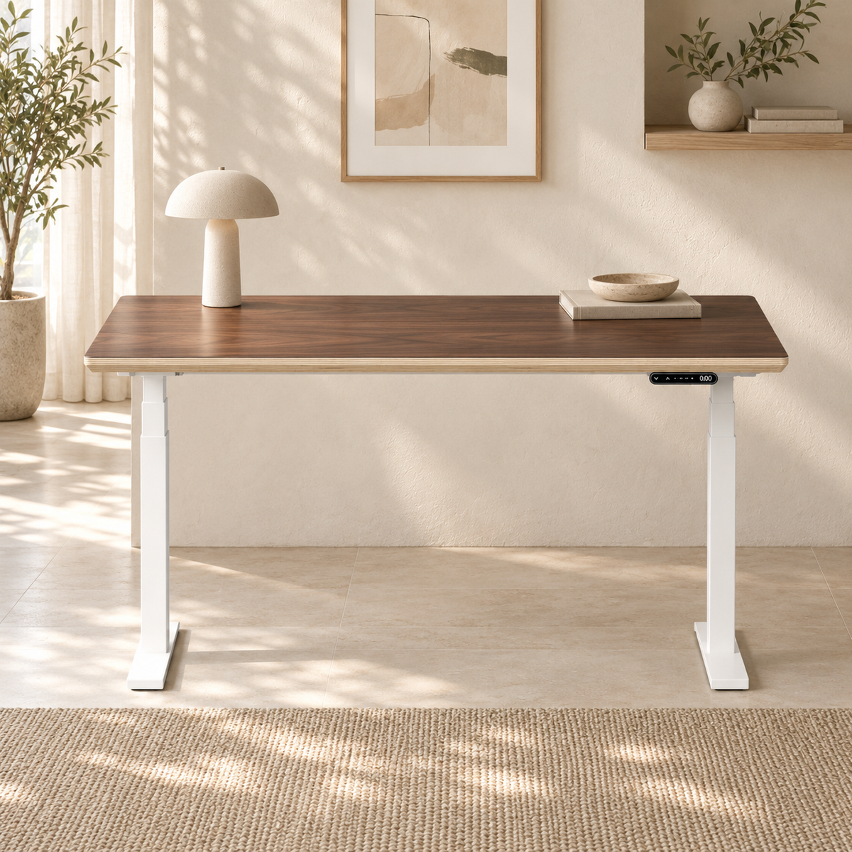 Model 301 Electric Standing Desk | Walnut Veneer | 55 x 27 in | White Legs