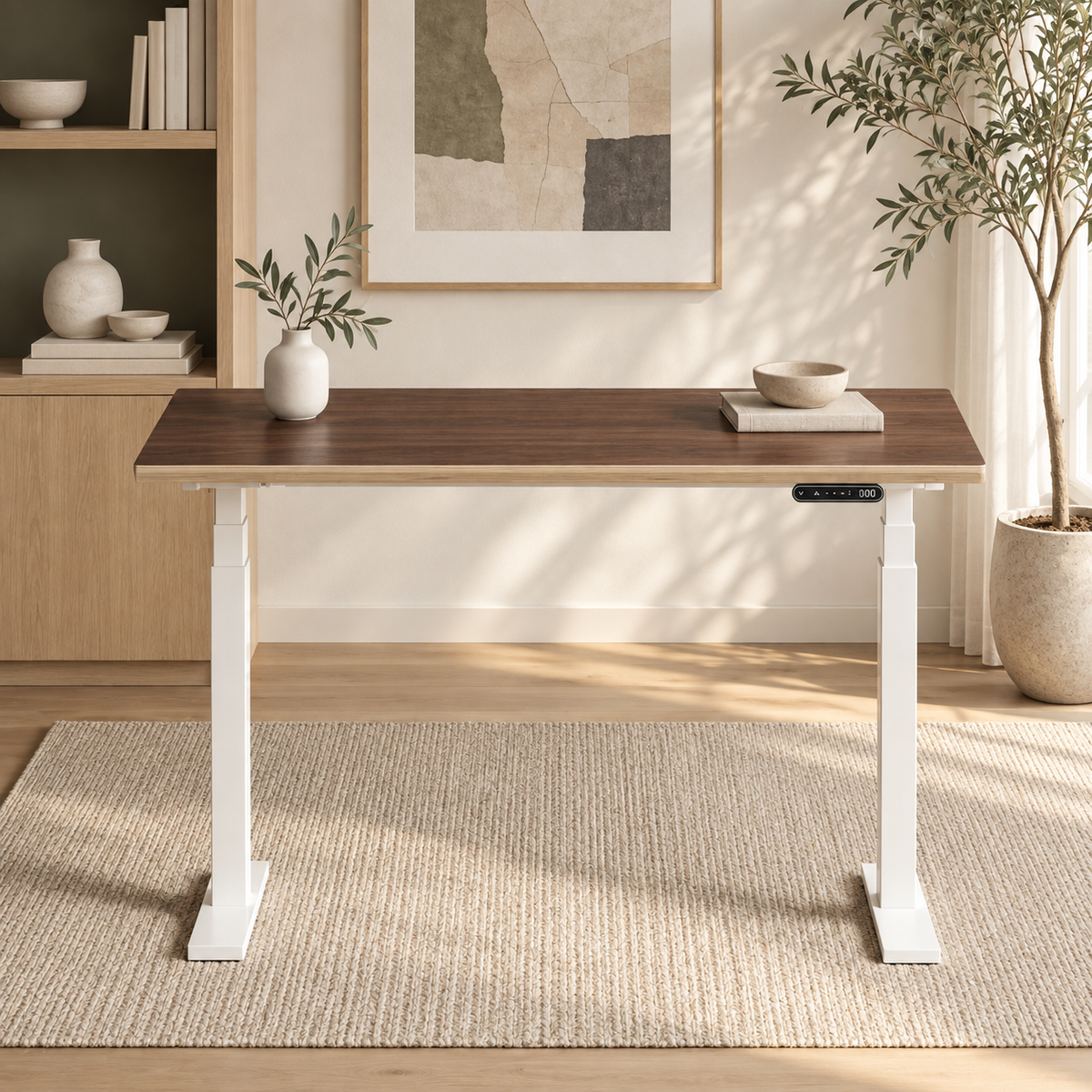 Model 301 Electric Standing Desk | Walnut Veneer | 48 x 24 in | White Legs