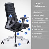 Black ergonomic office chair with adjustable seat height, lumbar support, and armrests