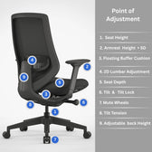 black ergonomic office chair with adjustable features, mesh back, and seat depth controls