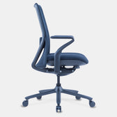 Model 92 ocean ergonomic office chair, blue color, side profile with adjustable armrests