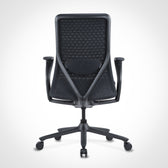 Poly-10 black ergonomic office chair, mesh back, lumbar support, rolling base, rear view