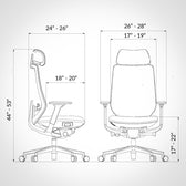 ergonomic office chair line drawing with adjustable dimensions and headrest, black color