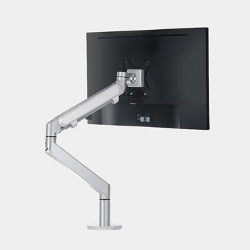 Silver ergonomic desk monitor arm holding black screen, adjustable office accessory