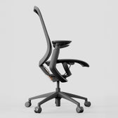 Black ergonomic office chair with adjustable armrests and lumbar support, side view