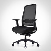 Black nylon office chair base with ergonomic mesh back and adjustable armrests