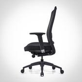 Black nylon base ergonomic office chair side view with adjustable armrests and mesh back