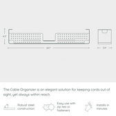 Cable organizer dimensions diagram, steel construction, 24.1 x 4.3 x 3.9 inches