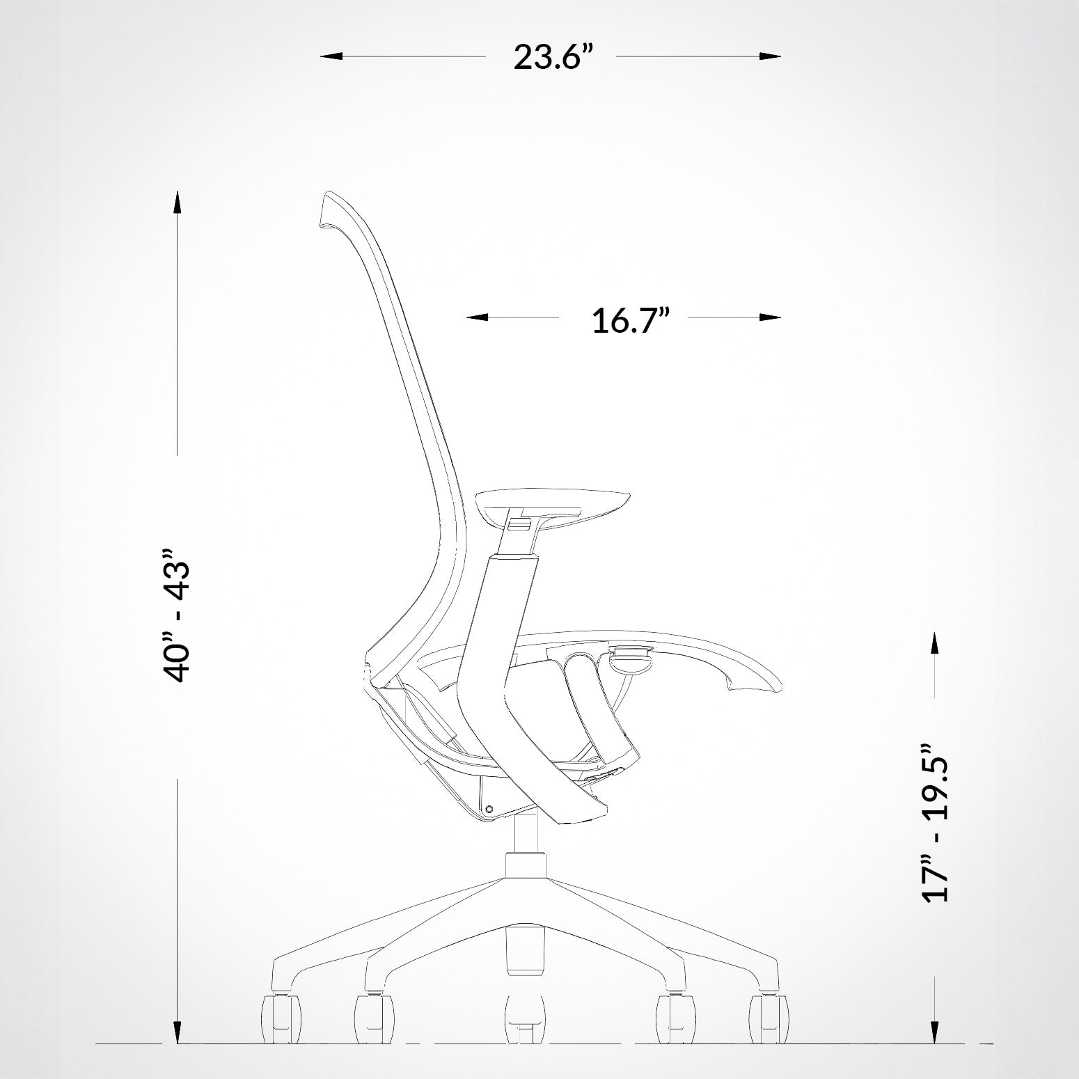 Pelicanwork ergonomic office chair dimensions diagram, side view, modern design