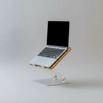 Adjustable silver Pelicanwork laptop stand with wooden platform for ergonomic workspace