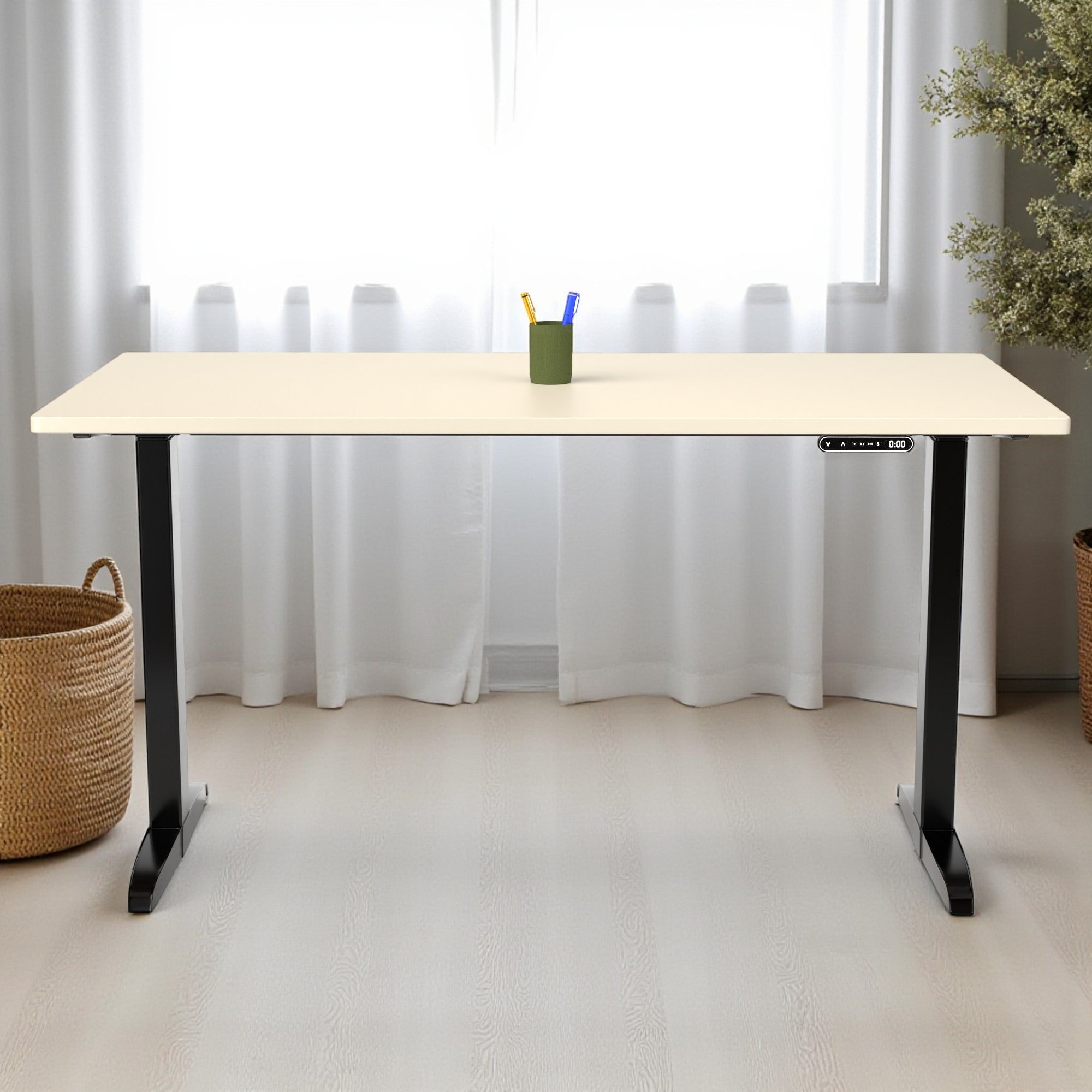 Model 301 | Everyday Electric Sit-Stand Desk (55"x27") | Ivory | Black Legs