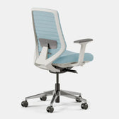 Pelicanwork ergonomic office chair with light blue mesh back and white frame, side view