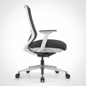 Model 11 white ergonomic office chair with black mesh seat and adjustable armrests
