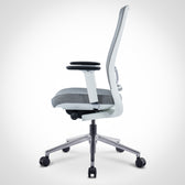 Gray ergonomic office chair with mesh back and adjustable armrests, side view