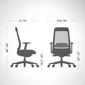 Pelicanwork Model 16 ergonomic office chair black with dimensions, side and front view
