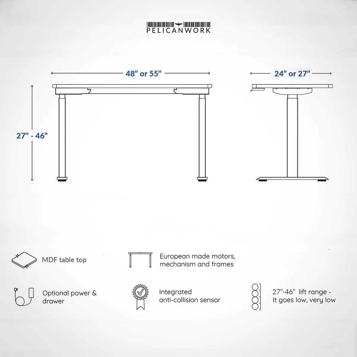 Model 301 | Everyday Electric Sit-Stand Desk (48"x24") | Blue | Black Legs