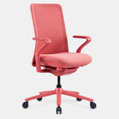 Model 92 P ergonomic office chair in coral pink, with mesh back and adjustable armrests