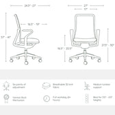 Pelicanwork Model 92 ergonomic office chair dimensions, features and adjustment points diagram.